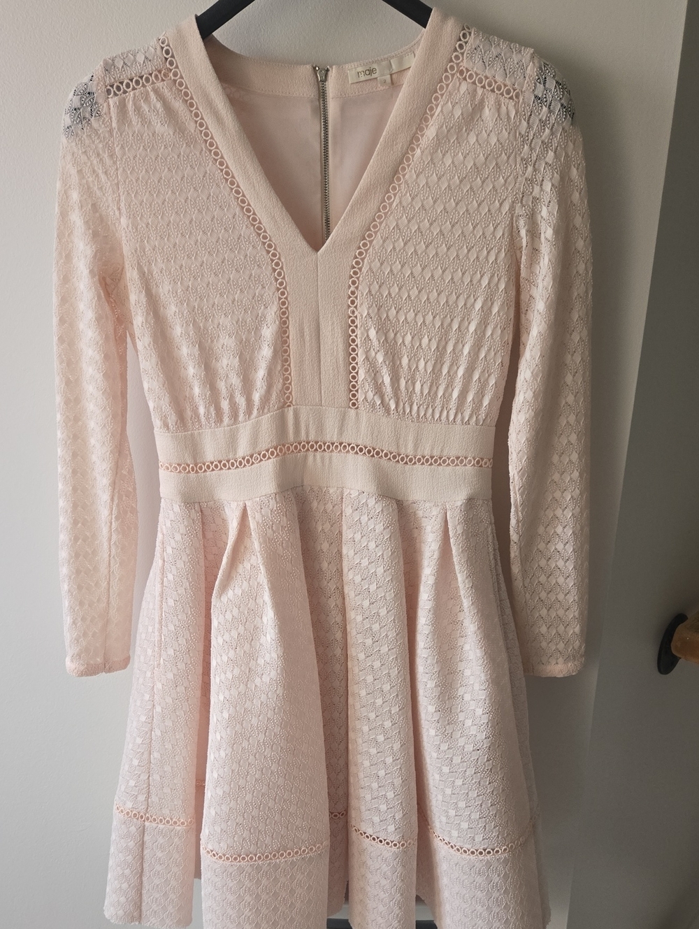 Maje Nude-Pink Lace V-Neck Fit & Flare Dress